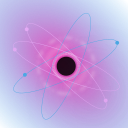 Atom with black hole in the center and a white ring around it. Background is pink gradient on black. 2 blue orbits and 2 pink orbits surround the atom